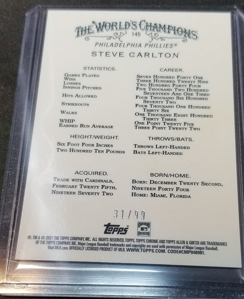 2021 TOPPS ALLEN & GINTER CHROME - GREEN REFRACTOR - S. CARLTON - #145 - #'D/99