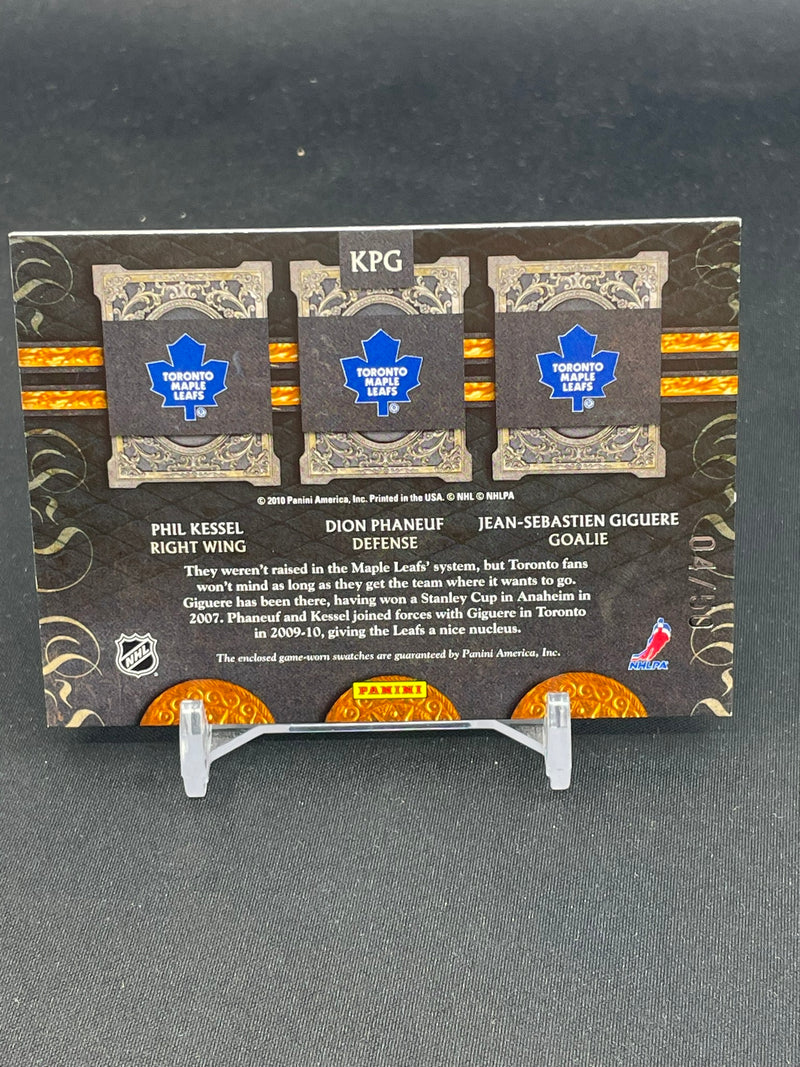 2010 PANINI CROWN ROYALE - ROYAL LINEAGE - PRIME - P. KESSEL / D. PHANEUF / J. GIGUERE - #KPG - #'D/50 - TRIPLE RELIC