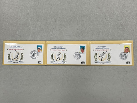 1993 SSCA HALL OF FAME LEGENDS - IN FIRST DAY COVERS - BABE RUTH - LOU GEHRIG - TY COBB