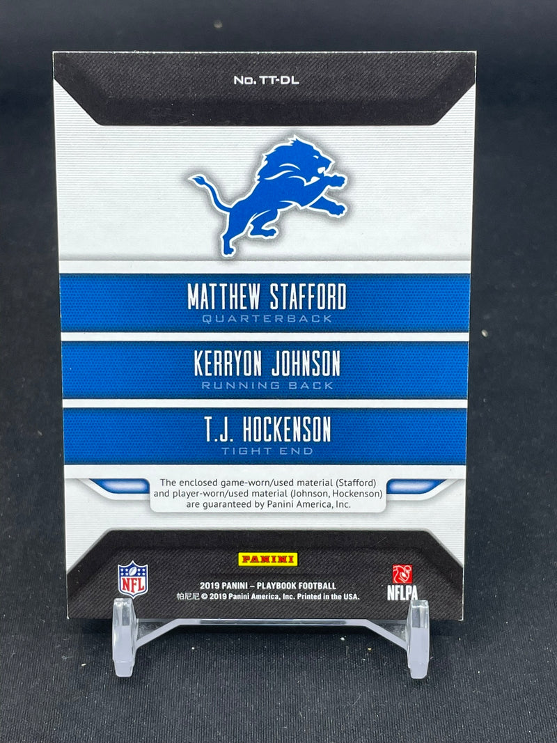2019 PANINI PLAYBOOK - TRIPLE THREATS - M. STAFFORD / K. JOHNSON / T. HOCKENSON - #TT-DL - #'D/99 - TRIPLE RELIC