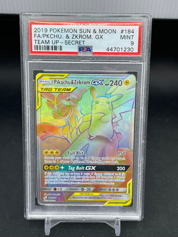 POKEMON - TEAM UP - PIKACHU & ZEKROM GX - RAINBOW - #184 - PSA 9