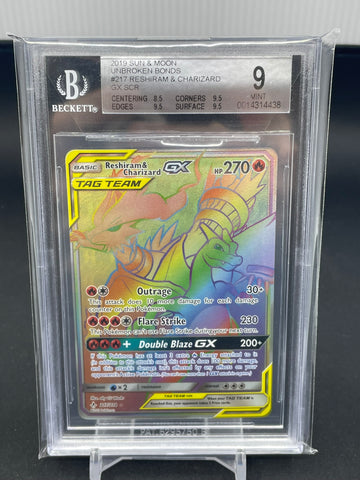 POKEMON - UNBROKEN BONDS - RESHIRAM & CHARIZARD GX - RAINBOW - #217 - BGS 9