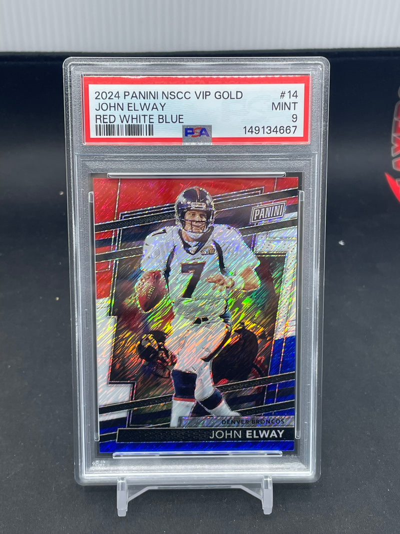 2024 PANINI NSCC VIP GOLD - RED WHITE BLUE - J. ELWAY - #14 - #'D/25 - PSA 9