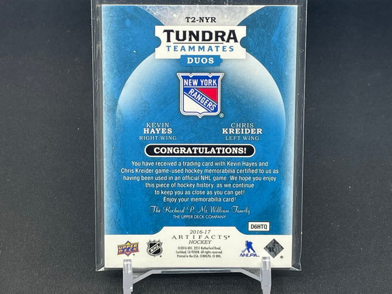 2016 UPPER DECK ARTIFACTS - TUNDRA TEAMMATES DUOS - K. HAYES / C. KREIDER - #T2NYR - #'D/199 - DUAL RELIC
