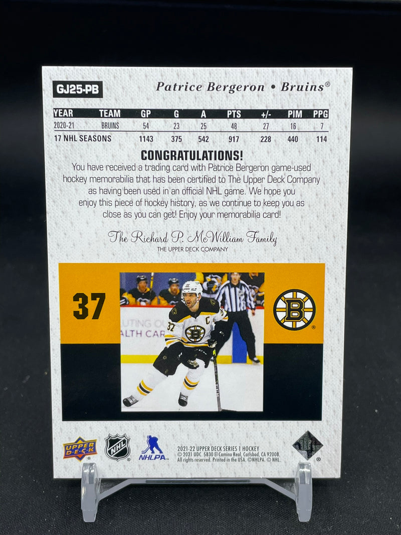 2021 UPPER DECK SERIES ONE - GAME PATCH - P. BERGERON - #GJ25-PM - #'D/15 - RELIC