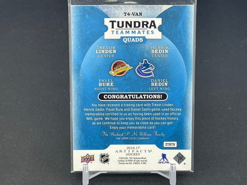 2016 UPPER DECK ARTIFACTS - TUNDRA TEAMMATES QUADS - T. LINDER / H. SEDIN / P. BURE / D. SEDIN - #T4-VAN - #'D/99 - QUAD RELIC