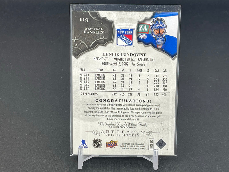 2017 UPPER DECK ARTIFACTS - H. LUNDQVIST - #119 - #'D/125 - DUAL RELIC