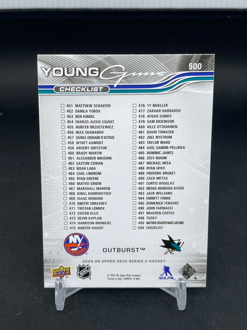 2025 UPPER DECK SERIES TWO - OUTBURST - YOUNG GUNS CHECKLIST - M. MISA / M. SCHAEFER -