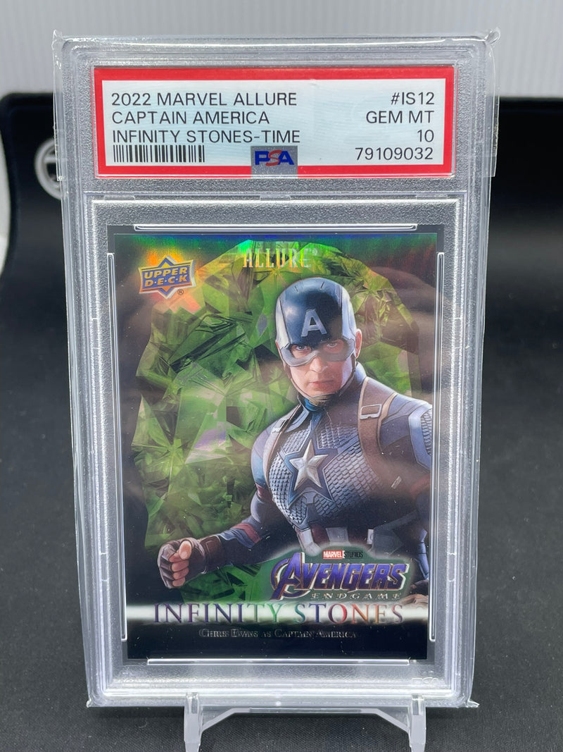 2022 UPPER DECK MARVEL ALLURE - INFINITY STONES-TIME - CAPTAIN AMERICA - #IS12 - #'D/299 - PSA 10