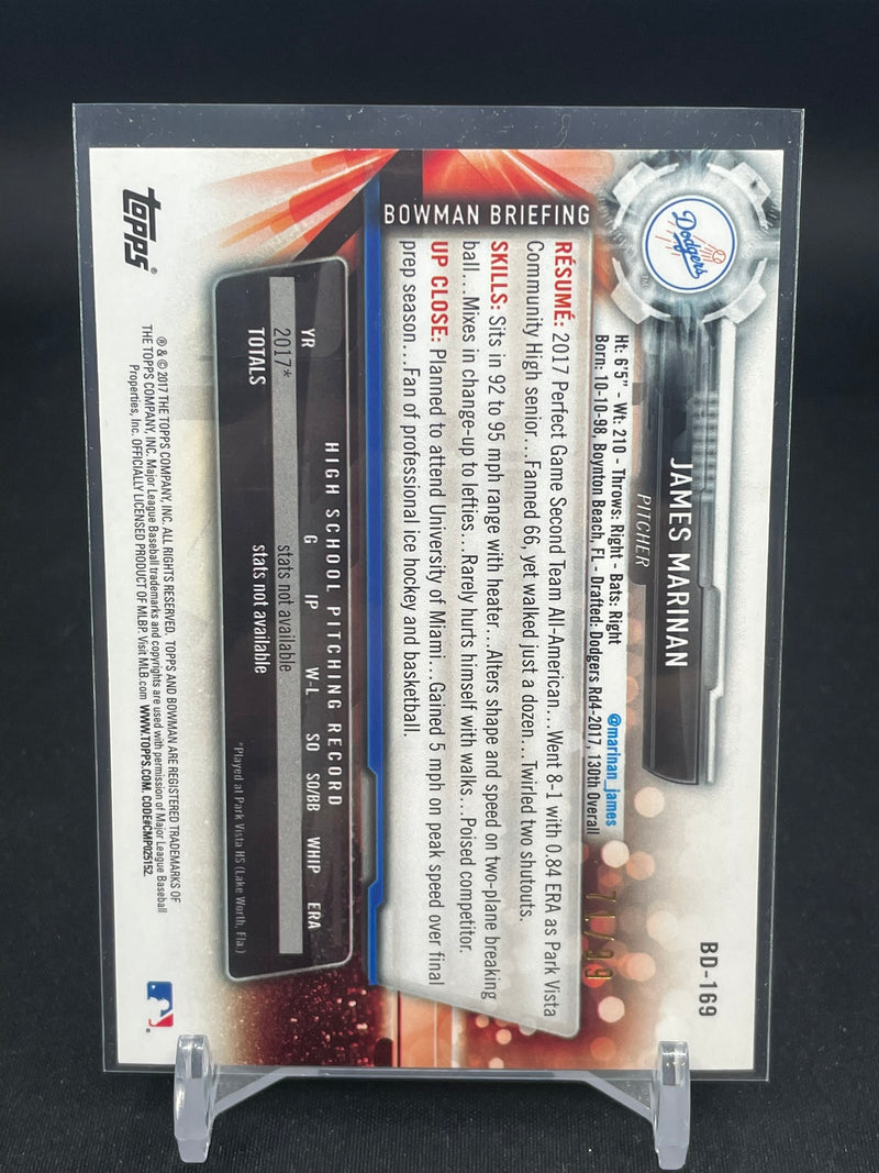 2017 TOPPS BOWMAN DRAFT - GREEN - 1ST BOWMAN - J. MARINAN - #BD-169 - #'D/99