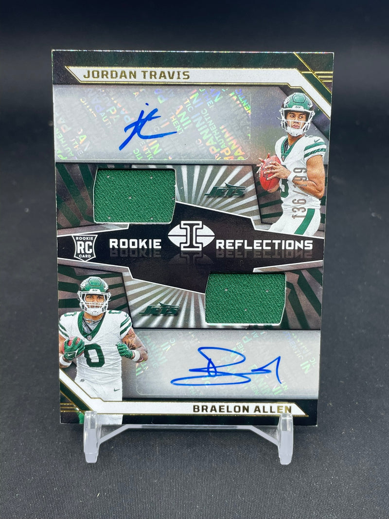 2024 PANINI ILLUSIONS - ROOKIE REFLECTIONS - J. TRAVIS / B. ALLEN - #RRA-NYJ2 - #'D/199 - DUAL RELIC - DUAL AUTOGRAPH - RC