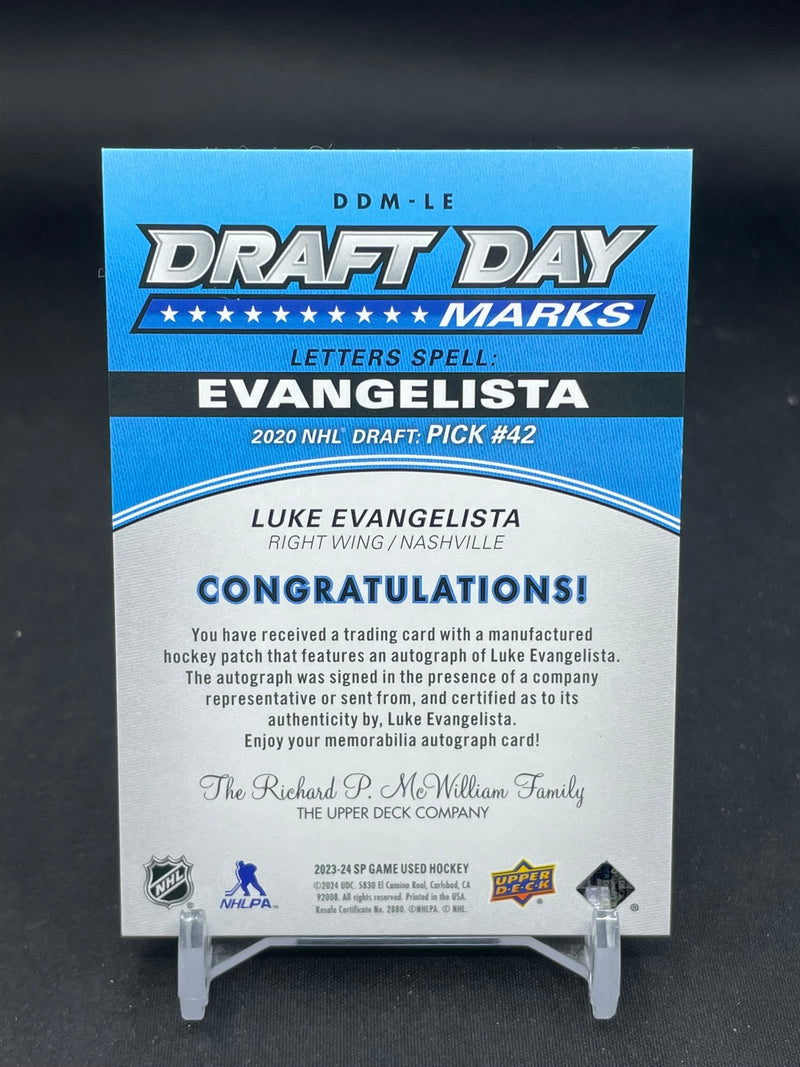 2023 UPPER DECK SP GAME USED - DRAFT DAY MARKS - L. EVANGELISTA - #DDM-LE - #'D/35 - RELIC - AUTOGRAPH