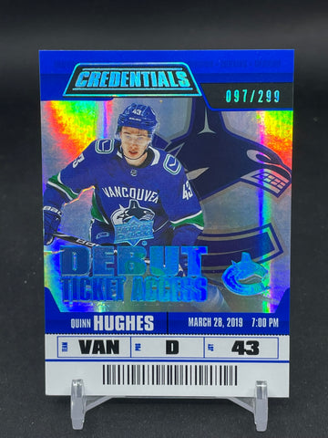 2019 UPPER DECK CREDENTIALS - DEBUT TICKET ACCESS ROOKIE - Q. HUGHES - #149 - #'D/299 - RC