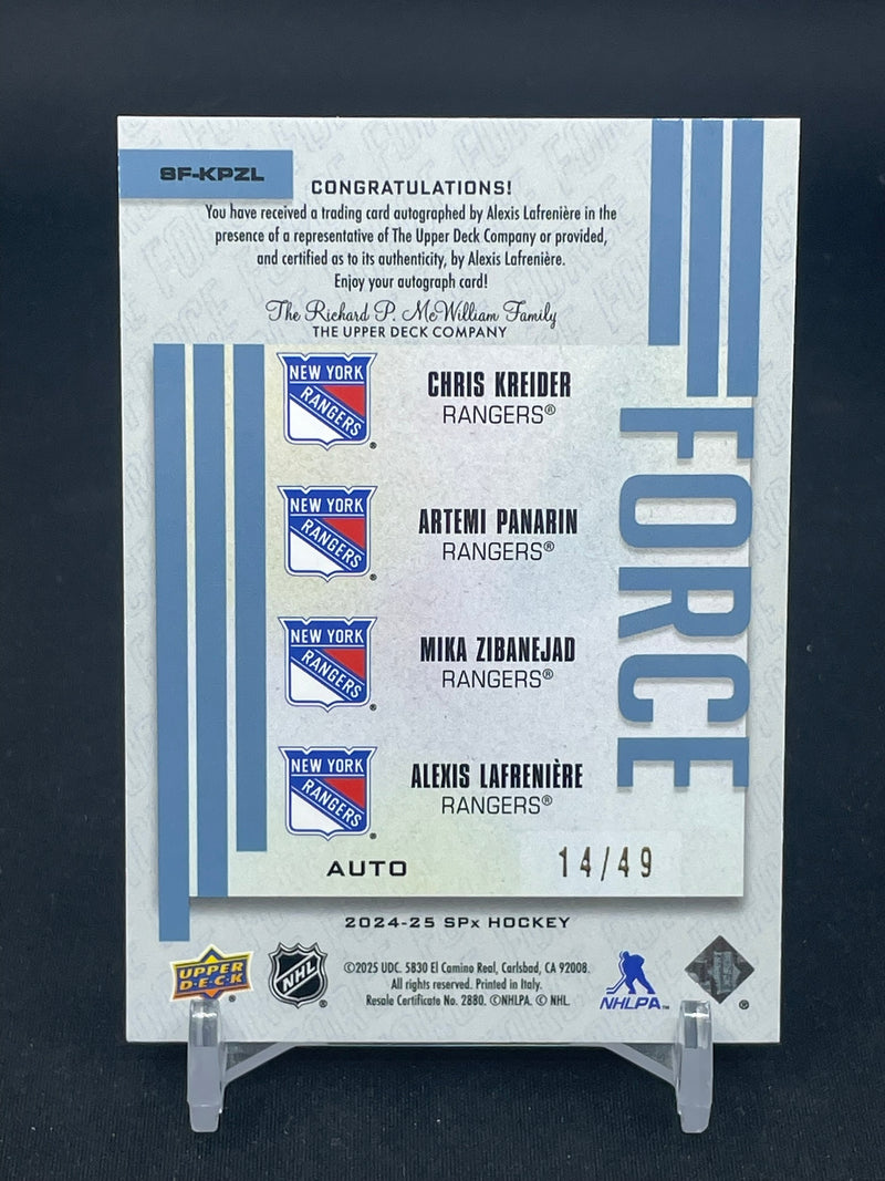 2024 UPPER DECK SPX - FORCE - C. KREIDER / A. PANARIN / M. ZIBANEJAD / A. LAFRENIERE - #SF-KPZL - #'D/49 - LAFRENIERE AUTOGRAPH