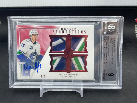 2019 UPPER DECK THE CUP - ROOKIE FOUNDATIONS - Q. HUGHES - #F-QH - #'D/5 - QUAD RELIC - AUTOGRAPH BGS 9 - RC