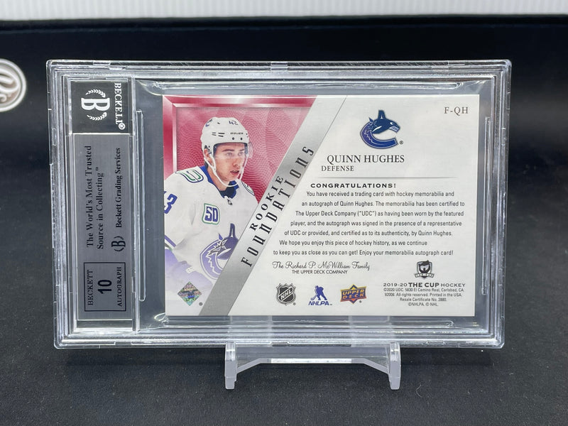 2019 UPPER DECK THE CUP - ROOKIE FOUNDATIONS - Q. HUGHES - #F-QH - #'D/5 - QUAD RELIC - AUTOGRAPH BGS 9 - RC