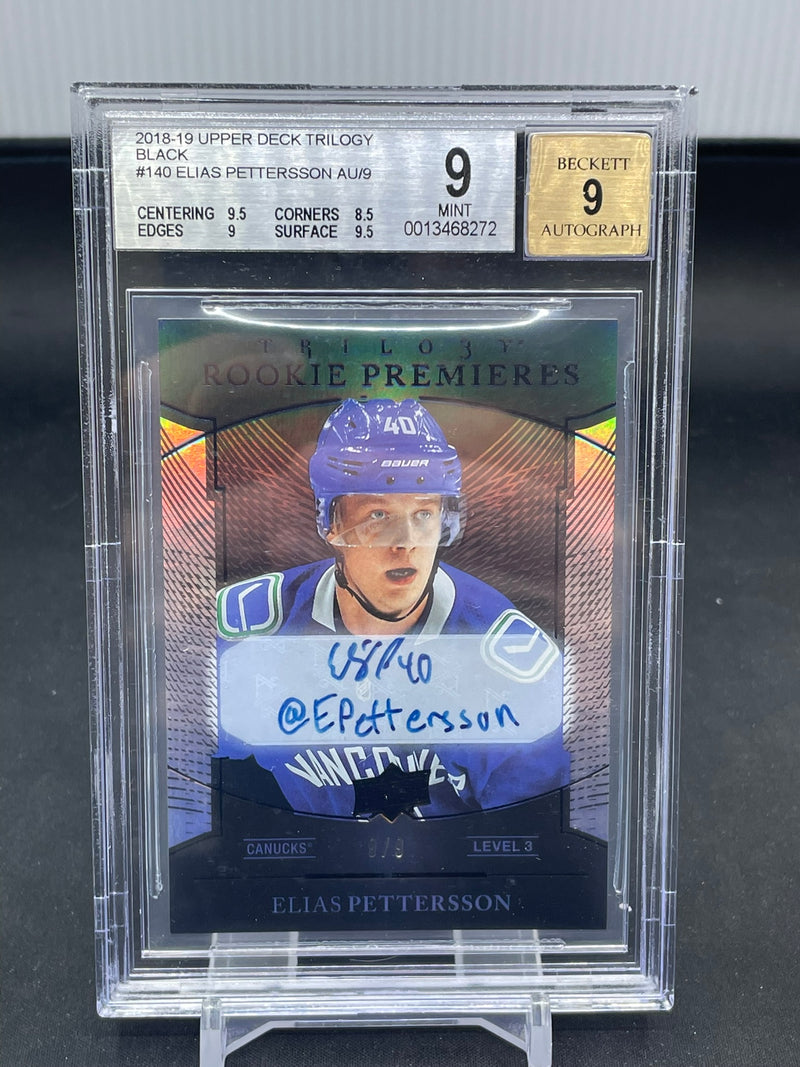 2018 UPPER DECK TIRLOGY - BLACK - ROOKIE PREMIERES - E. PETTERSSON - #140 - #'D/9 - INSCRIBED AUTOGRAPH - BGS 9