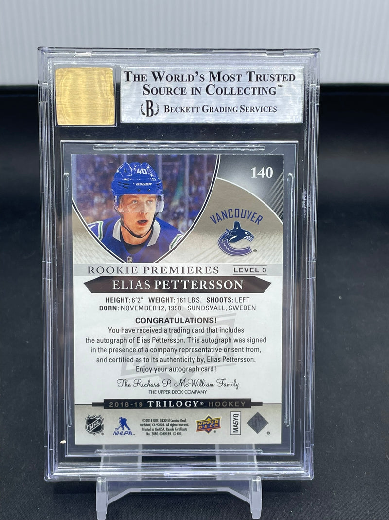 2018 UPPER DECK TIRLOGY - BLACK - ROOKIE PREMIERES - E. PETTERSSON - #140 - #'D/9 - INSCRIBED AUTOGRAPH - BGS 9