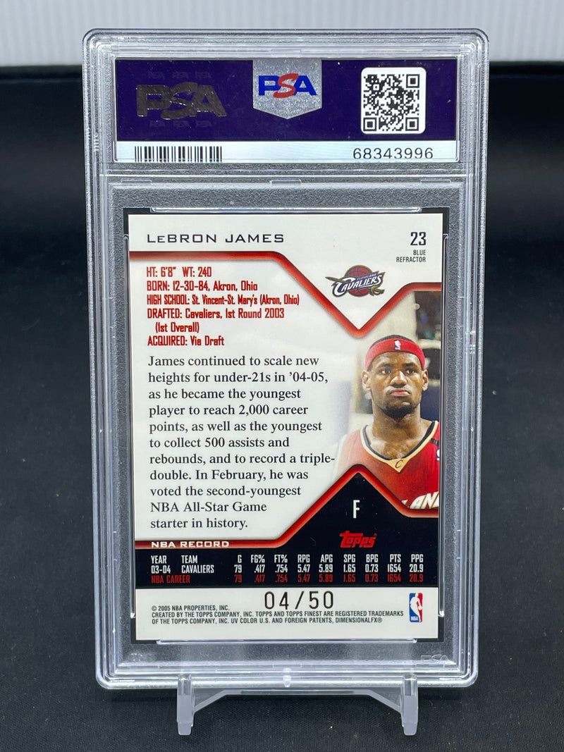 2004 TOPPS FINEST - BLUE REFRACTOR - L. JAMES - #23 - #'D/50 - PSA 9