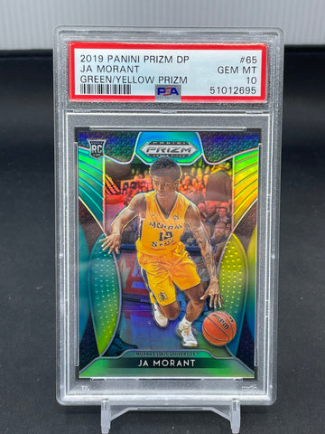 2019 PANINI PRIZM DRAFT PICKS - GREEN/YELLOW PRIZM - J. MORANT - #65 - PSA 10 - RC