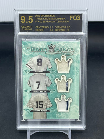 2015 SPORTKINGS - THREE KINGS MEMORABILIA - Y. BERRA / M. MANTLE / T. MUNSON - #TK-02 - #'D/3 - TRIPLE RELIC - FCG 9.5