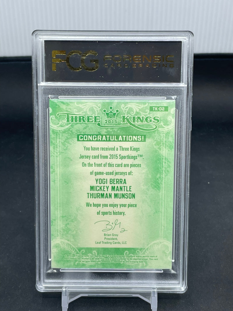 2015 SPORTKINGS - THREE KINGS MEMORABILIA - Y. BERRA / M. MANTLE / T. MUNSON - #TK-02 - #'D/3 - TRIPLE RELIC - FCG 9.5