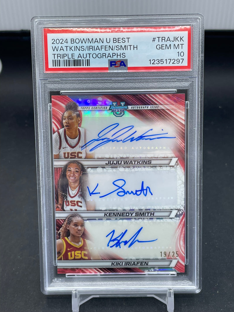 2024 TOPPS BOWMAN UNIVERSITY BEST - TRIPLE AUTOGRAPHS - J. WATKINS / K. SMITH / K. IRAFEN - #TRAJKK - #'D/25 - 3X AUTOGRAPH - PSA 10
