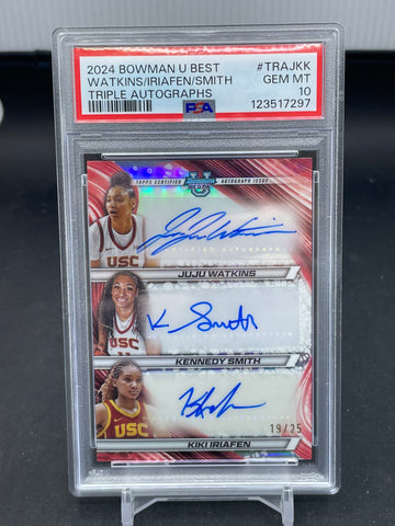2024 TOPPS BOWMAN UNIVERSITY BEST - TRIPLE AUTOGRAPHS - J. WATKINS / K. SMITH / K. IRAFEN - #TRAJKK - #'D/25 - 3X AUTOGRAPH - PSA 10