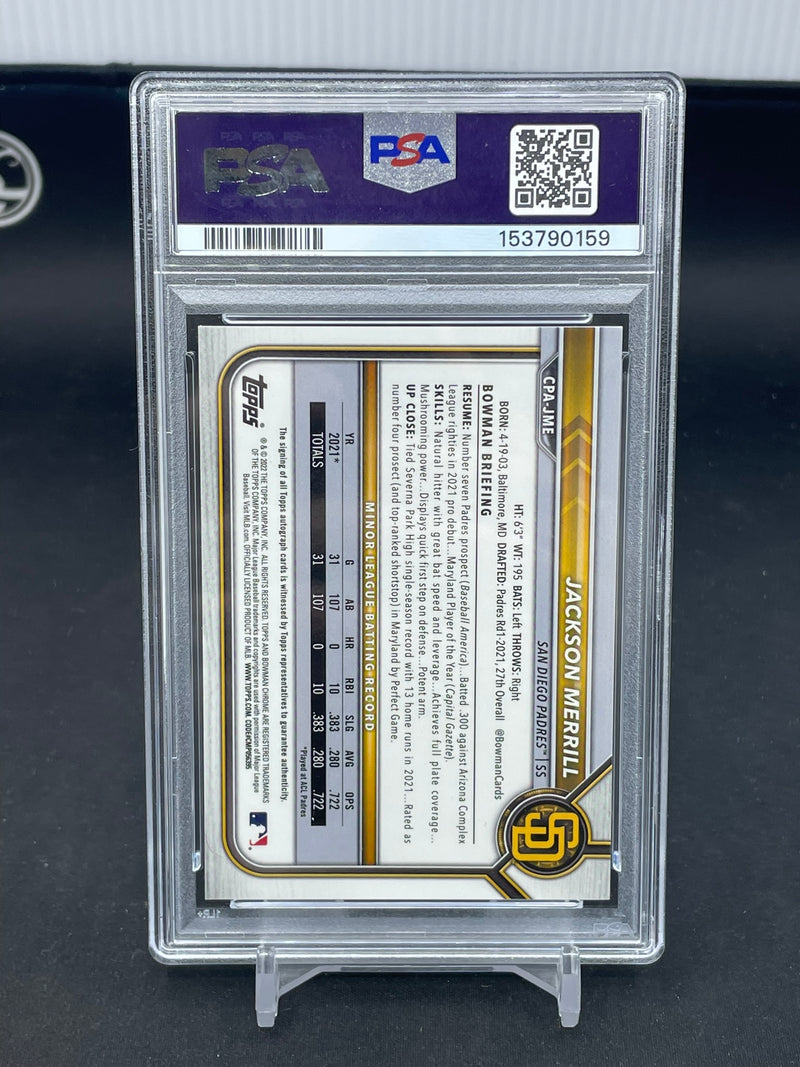 2022 TOPPS BOWMAN CHROME - SPECKLE REFRACTOR - J. MERRILL - AUTOGRAPH - #CPAJME - #'D/299 - PSA 9 & 10
