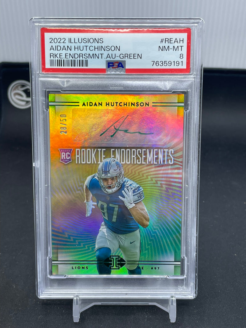 2022 PANINI ILLUSIONS - GREEN - ROOKIE ENDORSEMENTS - A. HUTCHINSON - #RE-AH - #'D/50 - AUTOGRAPH - PSA 8 - RC