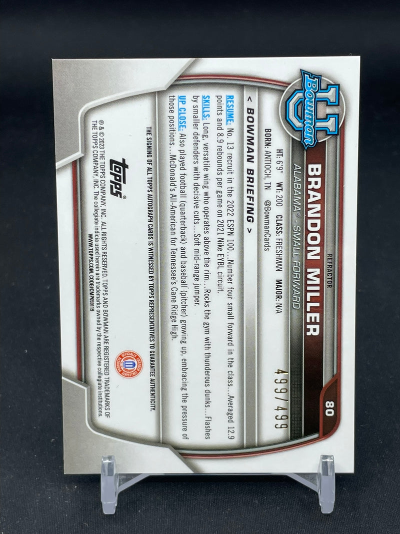 2023 TOPPS BOWMAN CHROME UNIVERSITY - 1ST BOWMAN - B. MILLER - #80 - #'D/499 - AUTOGRAPH