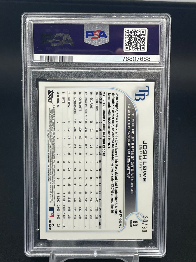 2022 TOPPS CHROME SONIC - GREEN/YELLOW SONIC REFRACTOR - J. LOWE - #83 - #'D/99 - PSA 9 - RC