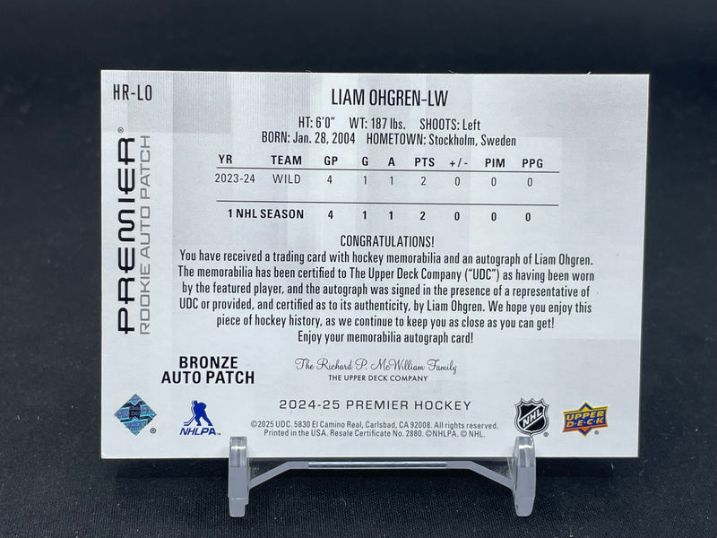 2024 UPPER DECK PREMIER - BRONZE - ROOKIE AUTO PATCH - L. OHGREN - #HR-LO - #'D/99 - RELIC - AUTOGRAPH - RC