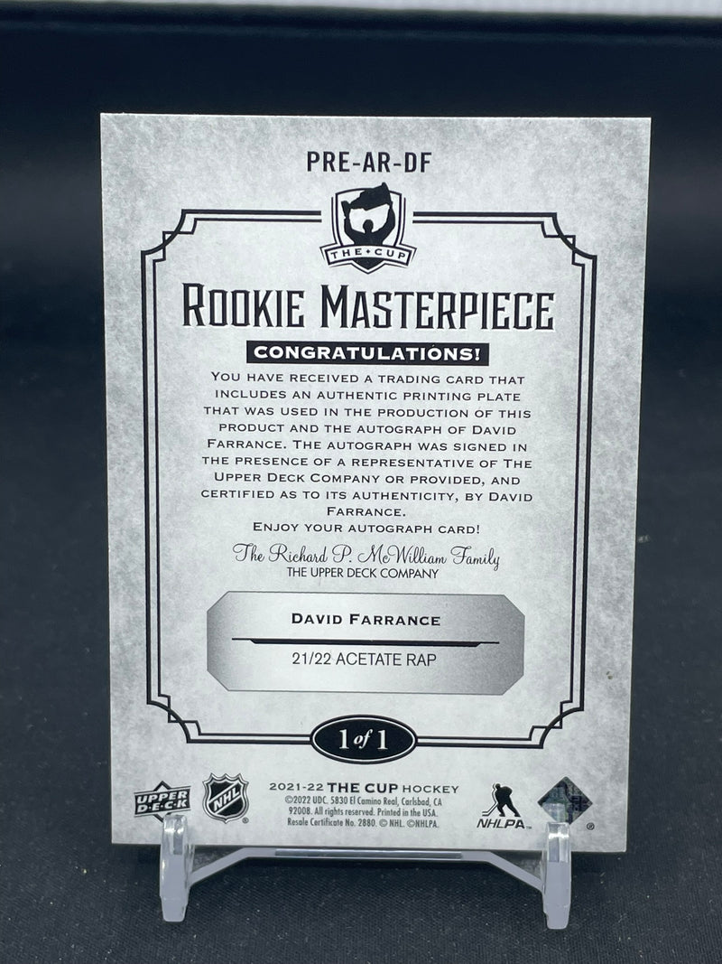 2021 UPPER DECK THE CUP - ROOKIE MASTERPIECE - YELLOW PRINTING PLATE - D. FARRANCE - #PRE-AR-DF - #'D/1 - AUTOGRAPH - RC