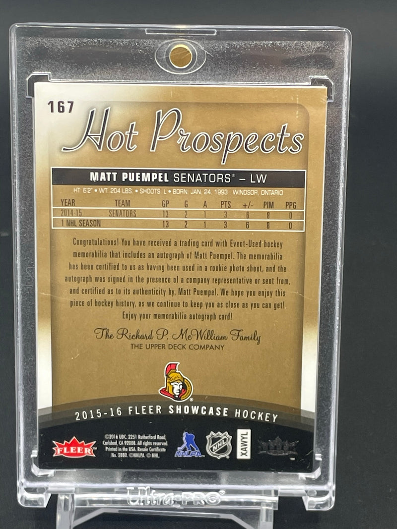 2015 FLEER SHOWCASE - HOT PROSPECTS ROOKIE AUTO PATCH - M. PUEMPEL - #167 - #'D/499 - RELIC - AUTO - RC