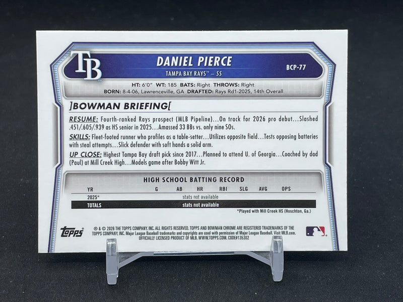 2026 TOPPS BOWMAN CHROME - BLUE REFRACTOR - 1ST BOWMAN - D. PIERCE - #BCP-77 - #'D/150