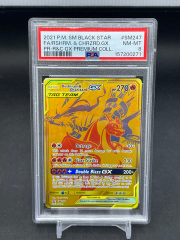 POKEMON - PREMIUM COLLECTION PROMO - RESHIRAM & CHARIZARD GX - FULL ART - #SM247 - PSA 8