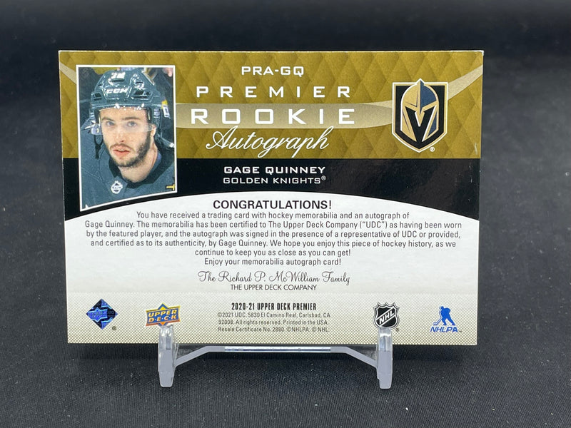 2020 UPPER DECK PREMIER - GOLD - ROOKIE AUTOGRAPH - G. QUINNEY - #PRA-GQ - #'D/15 - RELIC - AUTOGRAPH - RC