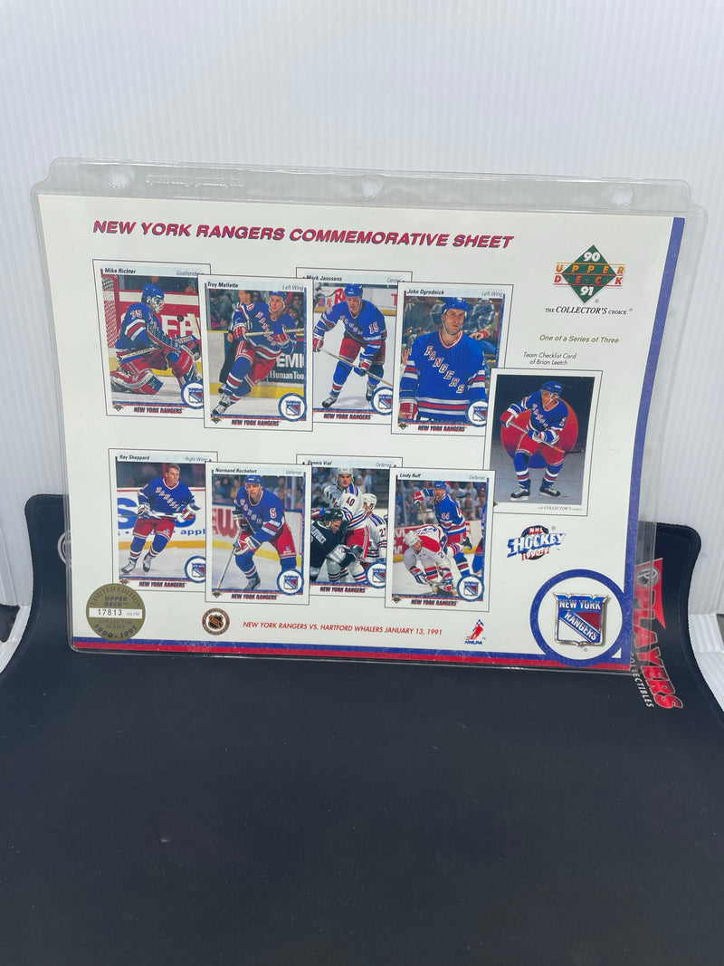1990 UPPER DECK LIMITED EDITION COMMEMORATIVE SERIES - NEW YORK RANGERS SHEET -