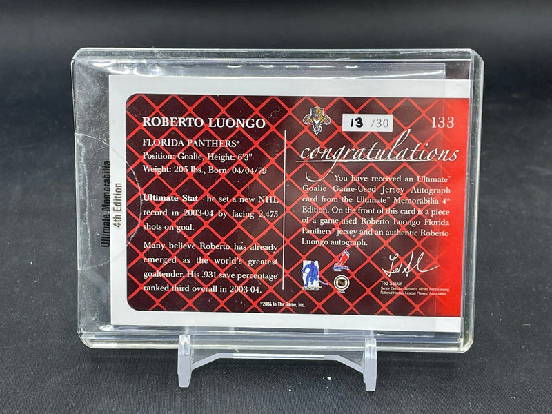 2003 IN THE GAME - ULTIMATE GOALIE JERSEY - R. LUONGO - #133 - #'D/30 - RELIC - AUTOGRAPH