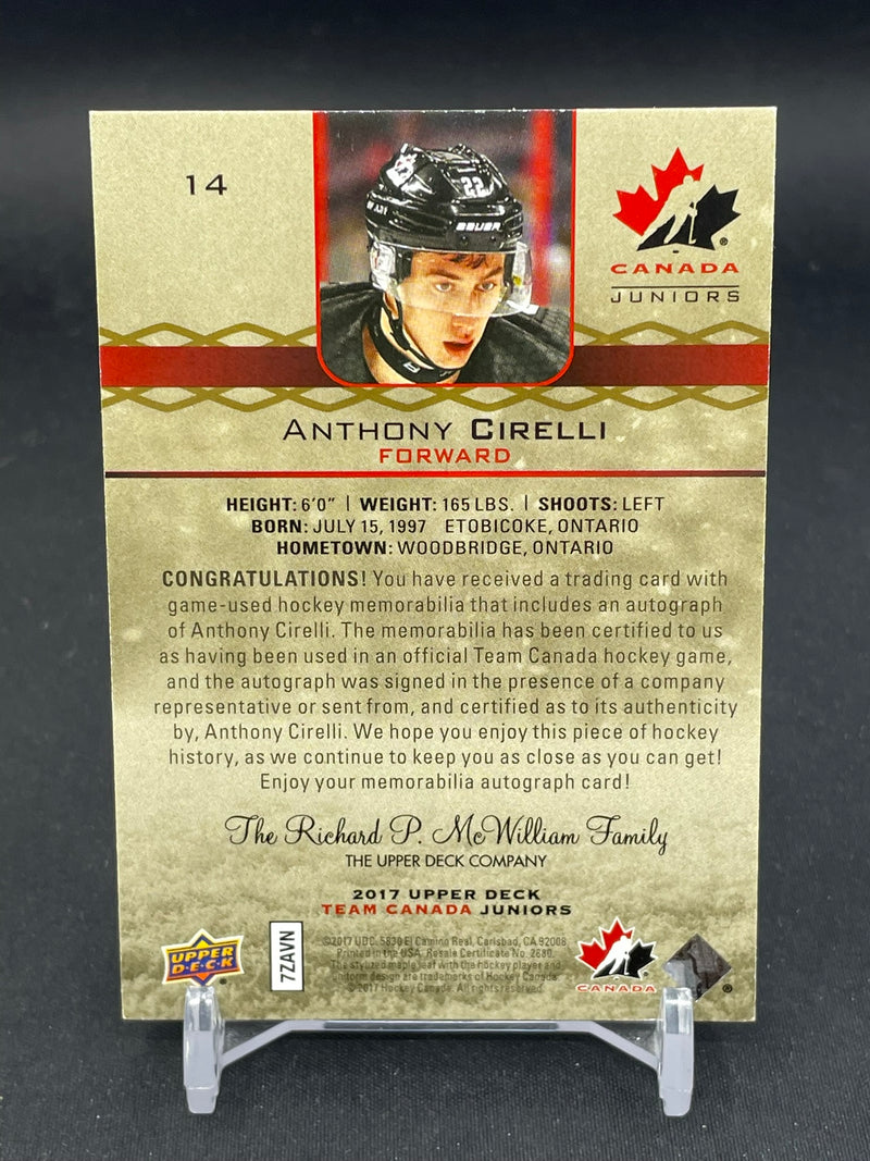 2017 UPPER DECK TEAM CANADA JUNIORS - CANADA PREMIUM - A. CIRELLI - #14 - #'D/199 - RELIC - AUTOGRAPH