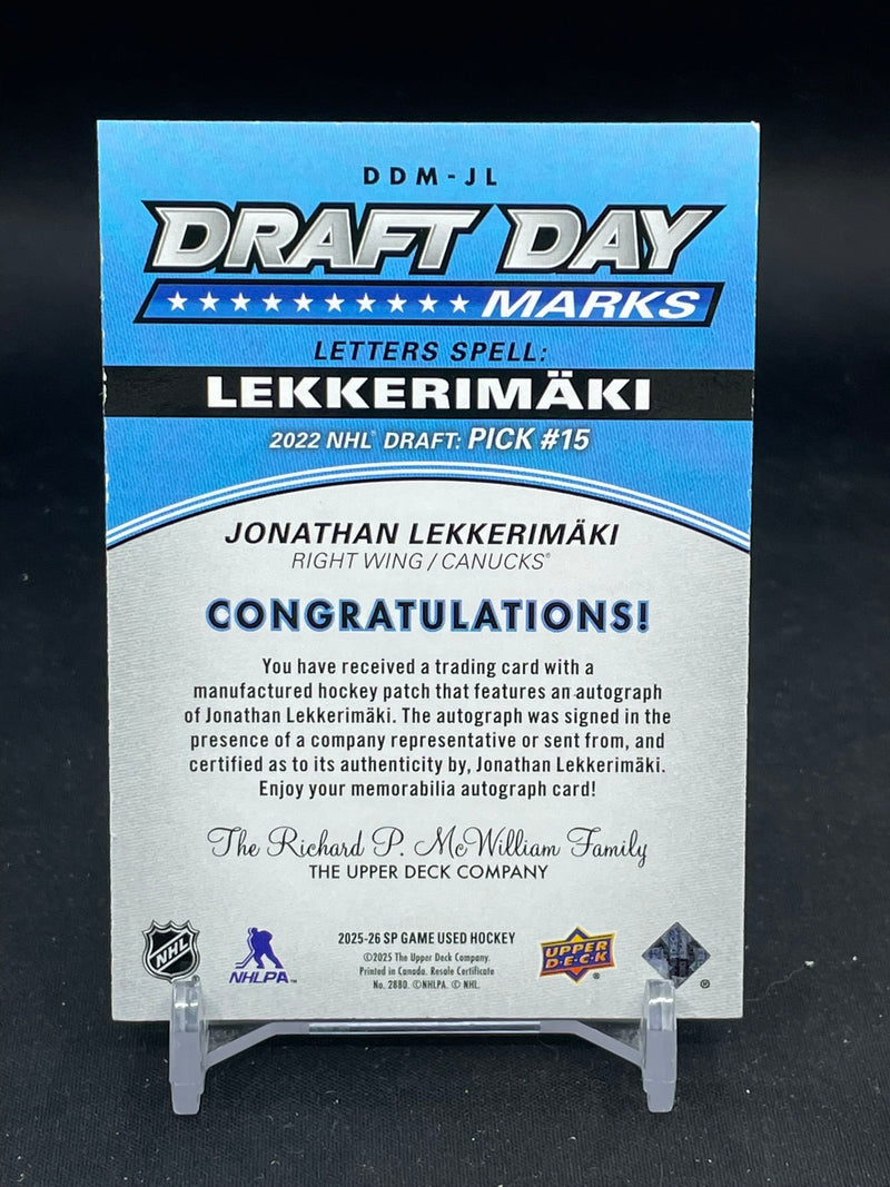 2025 UPPER DECK SP GAME USED - DRAFT DAY MARKS - J. LEKKERIMAKI - #DDM-JL - #'D/35 - RELIC - AUTOGRAPH