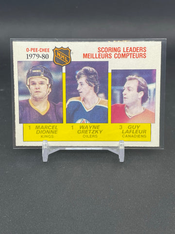 1980 O-PEE-CHEE - SCORING LEADERS - M. DIONNE / W. GRETZKY / G. LAFLEUR - #163