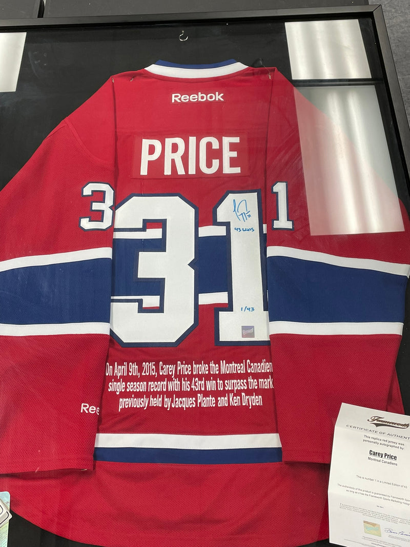 CAREY PRICE AUTOGRAPHED AND AUTHENTICATED FRAMED JERSEY