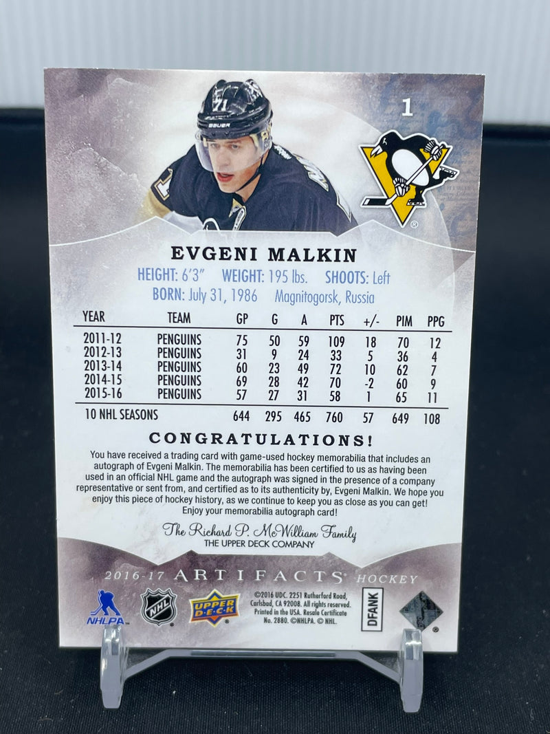 2016 UPPER DECK ARTIFACTS - GOLD - E. MALKIN - #1 - #'D/5 - DUAL RELIC - AUTOGRAPH