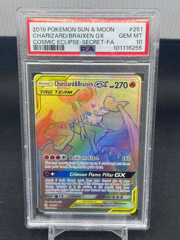 POKEMON - COSMIC ECLIPSE - CHARIZARD & BRAIXEN GX - RAINBOW RARE - #251 - PSA 10