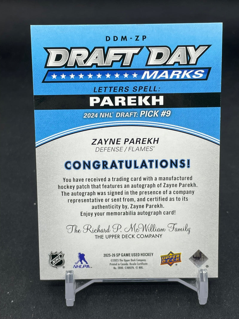 2025 UPPER DECK SP GAME USED - DRAFT DAY MARKS - Z. PAREKH - #DDM-ZP - #'D/35 - RELIC - AUTOGRAPH