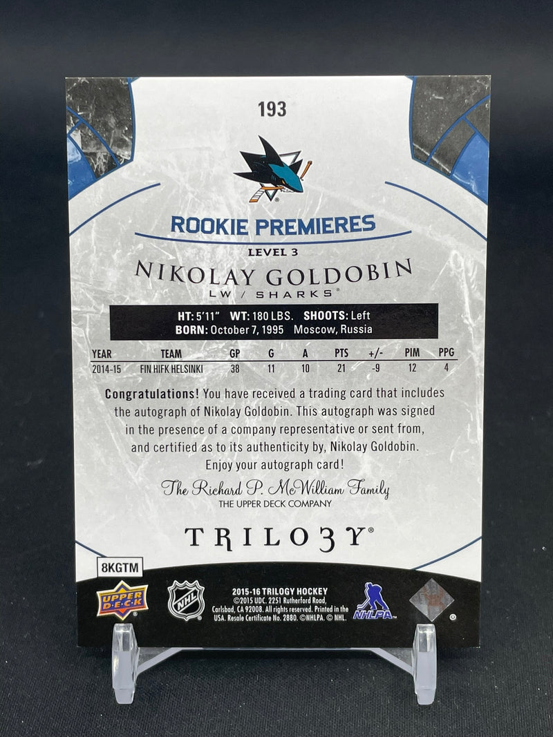 2015 UPPER DECK TRILOGY - ROOKIE PREMIERES - N. GOLDOBIN - #193 - #'D/35 - INSCRIBED AUTOGRAPH - RC