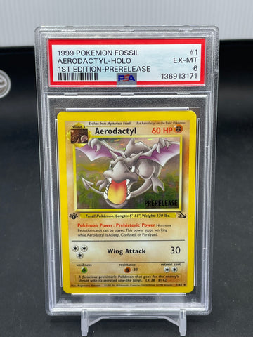 POKEMON - 1ST EDITION FOSSIL - AERODACTYL - PRERELEASE HOLO - #1 - PSA 6