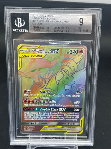 POKEMON - UNBROKEN BONDS - RESHIRAM & CHARIZARD GX - RAINBOW - #217 - BGS 9